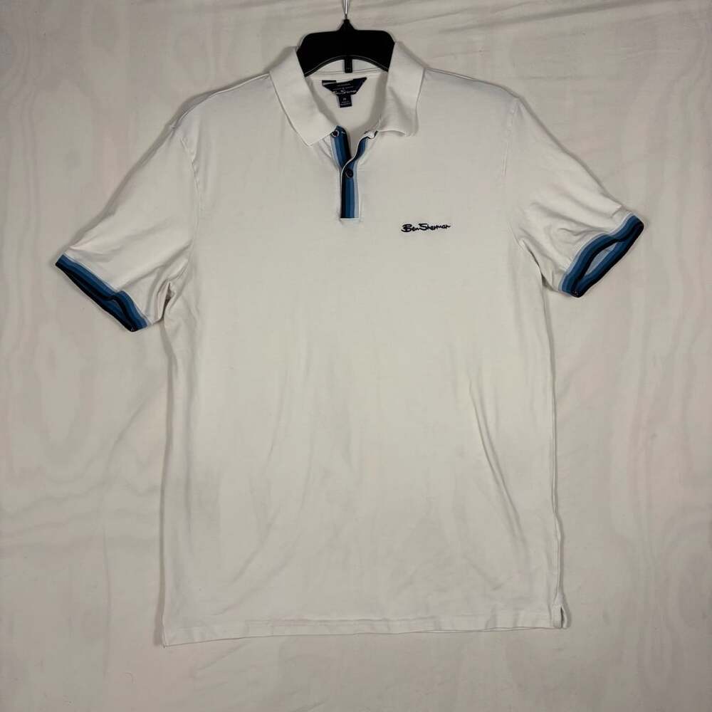 Ben Sherman Men White Short Sleeve Polo Shirt Placket Interest Size M